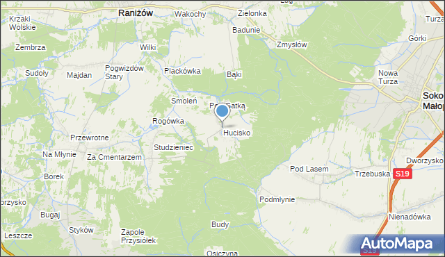 mapa Hucisko, Hucisko gmina Głogów Małopolski na mapie Targeo